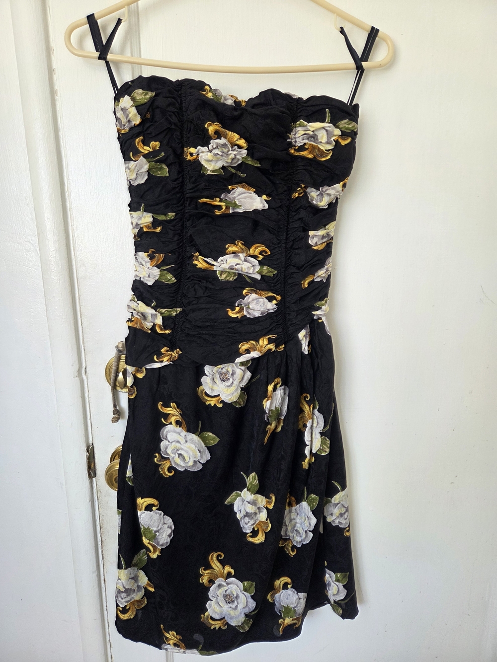 Maggy London Black Gilt Rose Floral Ruched Corsett Silk Strapless Dress Small